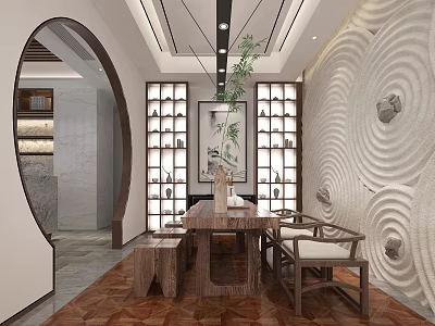 Traditional Chinese Tea House Interior With Wooden Furniture 3d model