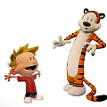 Blond Boy And Tiger Cartoon Characters With Outstretched Arms Playful Stance