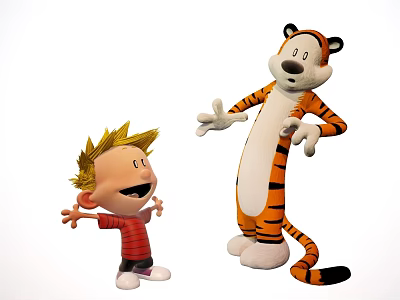 Blond Boy And Tiger Cartoon Characters With Outstretched Arms Playful Stance 3d model