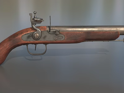 Vintage Flintlock Weapon With Wooden Stock And Metal Historical Components 3d model