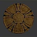 Golden Circular Ancient Shield With Black Line Decorations And Intricate Central Patterns