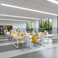 School Classroom With Yellow And White Chairs Long Tables Bookshelves Large Windows And Green Plants