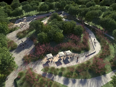 Lush Green Park Landscape With Winding Paths Rest Areas And People Walking 3d model