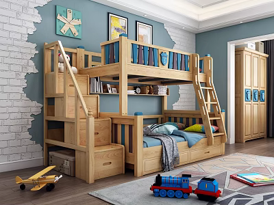 Wooden Bunk Bed with Storage Stairs in Kids Room Blue Decor and Toys 3d model