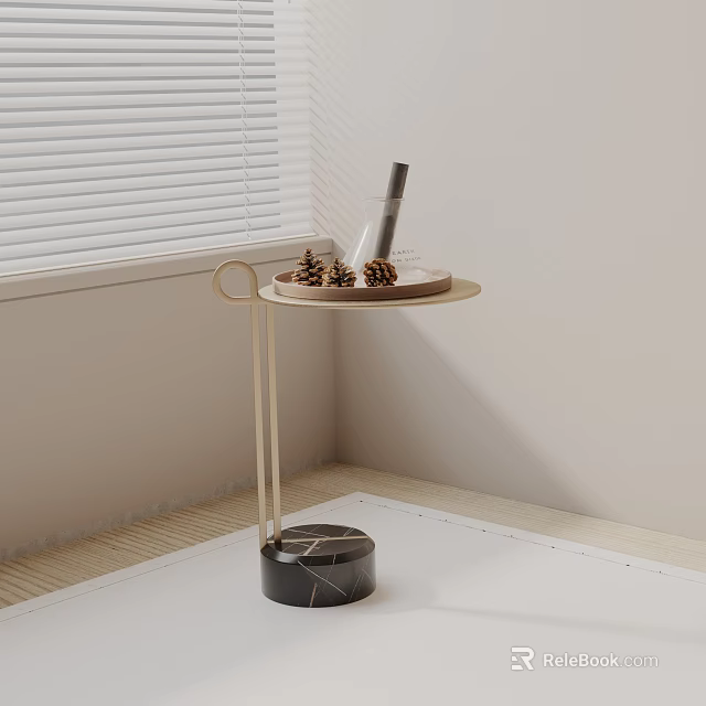 Elegant Side Table with Golden Frame Round Tray Pine Cones and Black Marble Base 3d model 