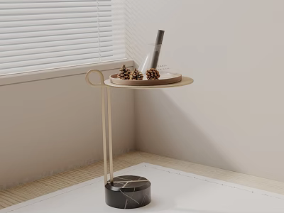 Elegant Side Table with Golden Frame Round Tray Pine Cones and Black Marble Base 3d model