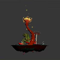 Colorful Frog On Green Island With Red Plant Small Mushrooms And Glowing Elements