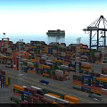 Scenic Container Port View With Colorful Containers Cargo Ship Cranes Sea And Mountains
