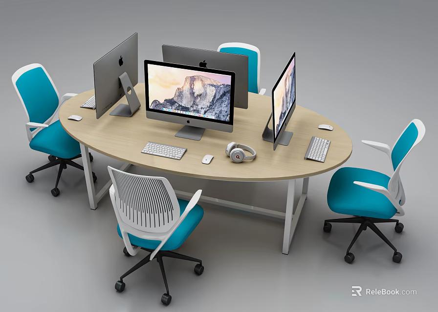 Oval Office Desk Setup With Multiple Computer Monitors Keyboards Mice Headphones And Blue White Chairs 3d model 