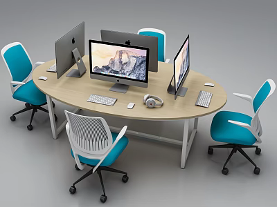 Oval Office Desk Setup With Multiple Computer Monitors Keyboards Mice Headphones And Blue White Chairs 3d model