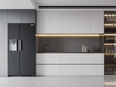 Modern Kitchen Wine Cabinet With White Cabinets Black Refrigerator Gray Countertop And LED Lighting 3d model