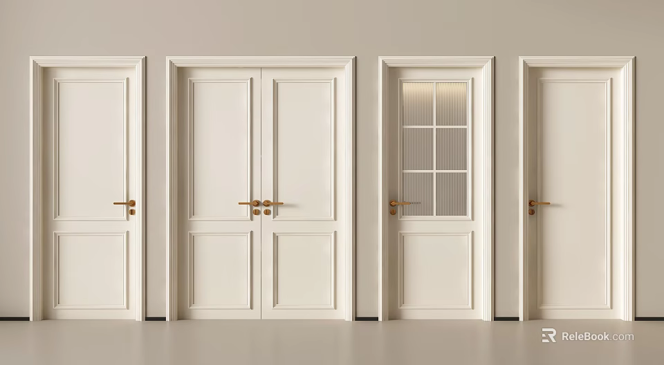 Different Design White Hinged Doors With Gold Handles And Glass Panel For Home Interior 3d model 