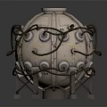 Spherical Industrial Equipment With Metal Pipes Valves And Warning Signs On Support Stand