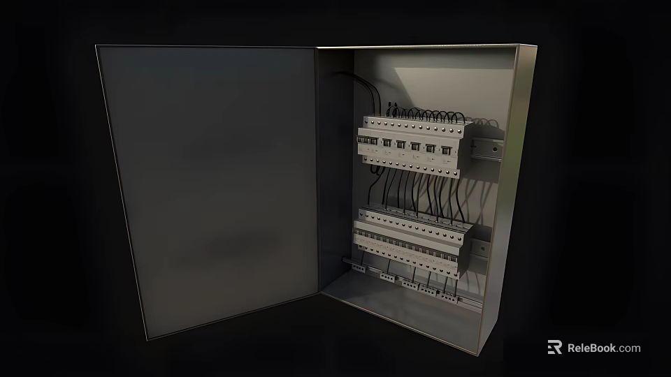 Open Distribution Box Inside Electrical Panel With Multiple Circuit Breakers And Connected Wires 3d model 