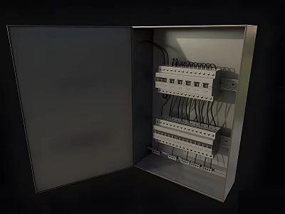 Open Distribution Box Inside Electrical Panel With Multiple Circuit Breakers And Connected Wires 3d model