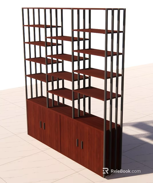 Cozy Leisure Area With Wooden Cabinet And Metal Frame Multiple Shelves 3d model 