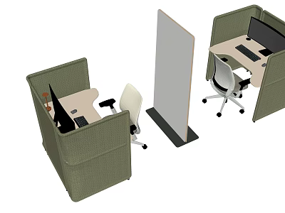 Modern Office Work Desks In Cubicle With Computer Monitors And Partition 3d model