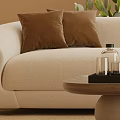 Modern Beige Sofa and Coffee Table Set With Wooden Table Armchair Plants and Glassware on Rug