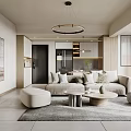 Modern Living Dining Room Interior With Neutral Sofa Coffee Table Round Chandelier And Large Windows
