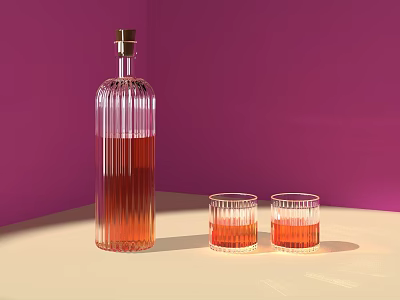 Glass Teapot With Striped Design Holding Orange Tea And Matching Cups On Purple Beige Background 3d model