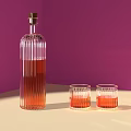 Glass Teapot With Striped Design Holding Orange Tea And Matching Cups On Purple Beige Background