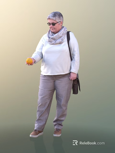 Woman holding orange wearing white top gray pants scarf carrying brown bag with green background 3d model 