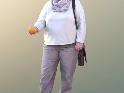 Woman holding orange wearing white top gray pants scarf carrying brown bag with green background 3d model