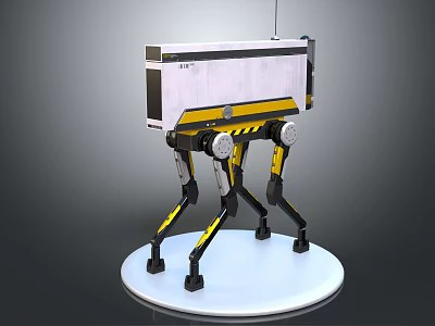 Yellow And Black Striped Mechanical Device With Four Legs On Circular Base 3d model