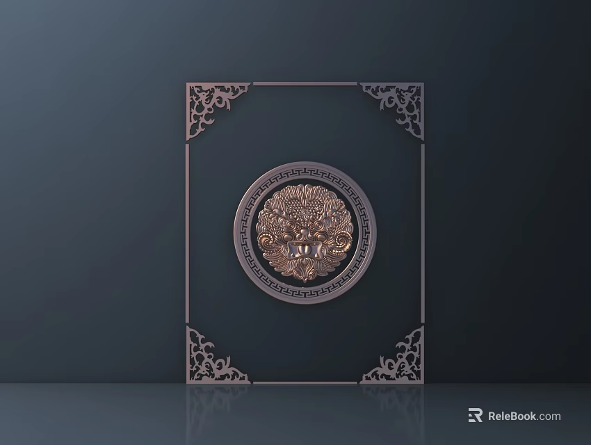 Intricate Carved Square Frame Featuring Ornate Circular Emblem Design On Dark Background 3d model 
