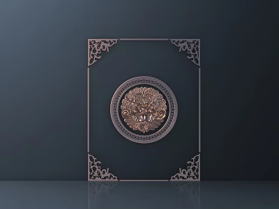 Intricate Carved Square Frame Featuring Ornate Circular Emblem Design On Dark Background 3d model