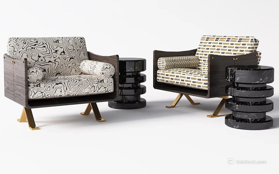 Stylish Single Armchairs With Abstract Patterned Upholstery And Black Round Side Tables On Golden Legs 3d model 