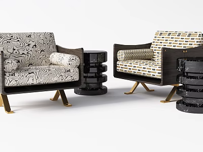 Stylish Single Armchairs With Abstract Patterned Upholstery And Black Round Side Tables On Golden Legs 3d model
