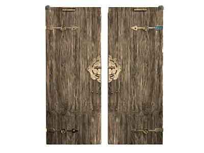Rustic Wooden Swing Doors With Golden Decorative Elements And Metal Fittings 3d model