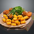 Practical Disposable Paper Plate With Fried Chicken Potato Tots And Fresh Greens