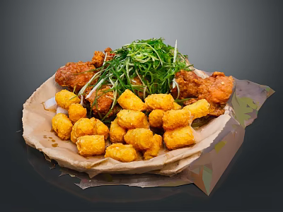 Practical Disposable Paper Plate With Fried Chicken Potato Tots And Fresh Greens 3d model Practical Disposable Paper Plate With Fried Chicken Potato Tots And Fresh Greens 3d model
