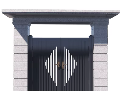 Black Double Door Entrance Gate With White Diamond Line Decoration And Gray Stone Pillars 3d model