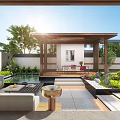 Modern Courtyard Garden Design With Water Feature Lush Greenery Stone Pathway And Wooden Pavilion