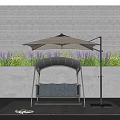 Outdoor Swing Chair With Umbrella Purple Flowers Gray Wall And Mat