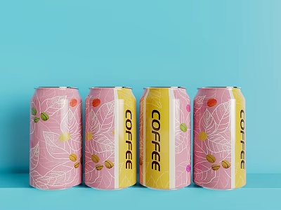 Pink And Yellow Canned Coffee Drinks With Leaf And Coffee Bean Patterns And COFFEE Labels 3d model