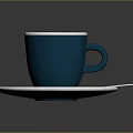 Blue Ceramic Coffee Cup With Milk Foam White Rim On Saucer And Silver Spoon