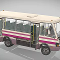 Vintage Bus Exterior With Pink And White Stripes And Large Passenger Windows