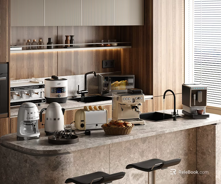 Modern Kitchen Interior With Coffee Maker Toaster And Essential Appliances On Island 3d model 