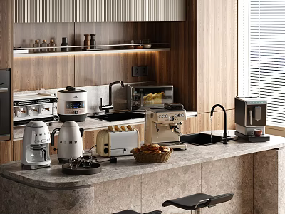 Modern Kitchen Interior With Coffee Maker Toaster And Essential Appliances On Island 3d model