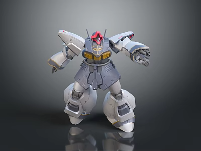 Gray Armored Robot Character With Red Head And Mechanical Weapon Arm 3d model