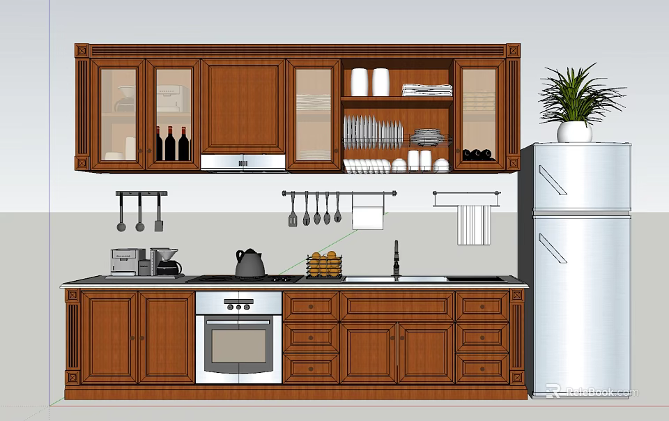 Wooden Kitchen Cabinets In Classic Kitchen With Oven Refrigerator And Hanging Utensils 3d model 