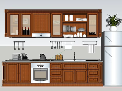 Wooden Kitchen Cabinets In Classic Kitchen With Oven Refrigerator And Hanging Utensils 3d model