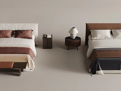 Modern Minimalist Double Bed with White and Brown Headboards Nightstands and White Lamp in Neutral Tones 3d model