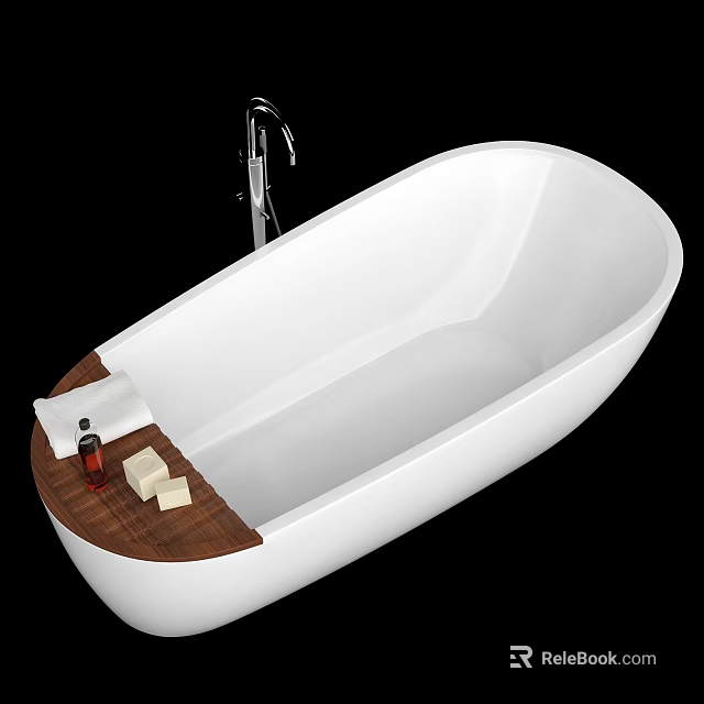 White Oval Bathtub With Silver Faucet And Wooden Tray Holding Essential Oil And Soap Bars 3d model 