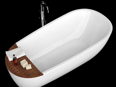 White Oval Bathtub With Silver Faucet And Wooden Tray Holding Essential Oil And Soap Bars 3d model