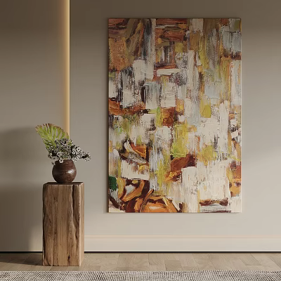 Abstract Painting on Wall with Wooden Pedestal Vase Green Leaves White Flowers Yellow Brown Tones 3d model